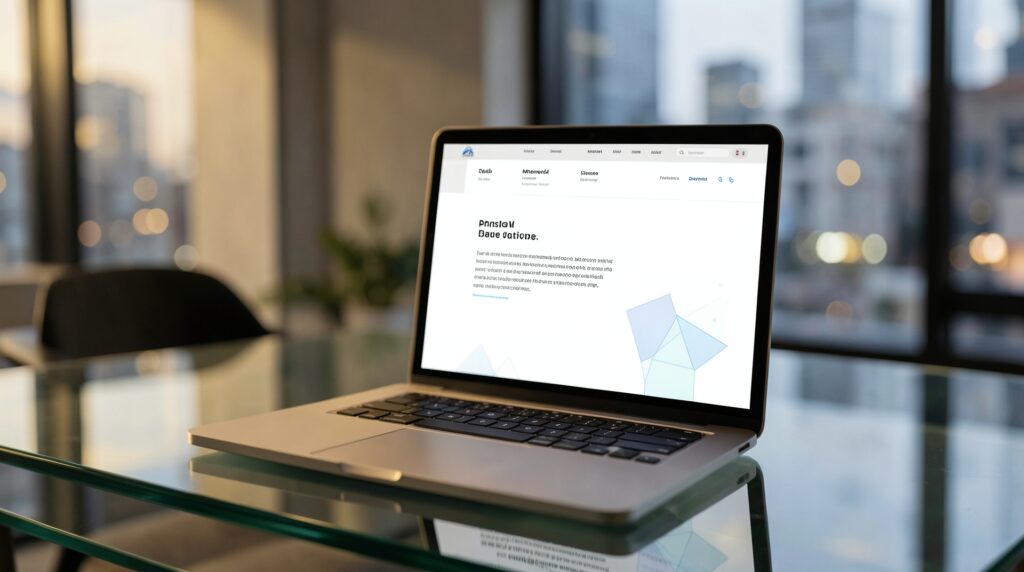 Ein moderner Arbeitsplatz mit einem Laptop, der eine professionell gestaltete Webseite zeigt.